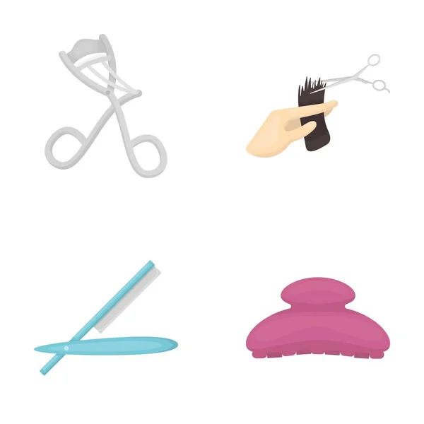 Tijeras, cepillo, maquinilla de afeitar y otros equipos. Peluquería conjunto colección iconos en el estilo de dibujos animados vector símbolo stock ilustración web . — Vector de stock