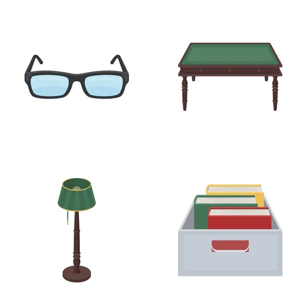 Gafas, una mesa de madera, una lámpara de pie, una caja con libros. Una biblioteca y una librería establecen iconos de colección en el estilo de dibujos animados vector símbolo stock ilustración web . — Vector de stock