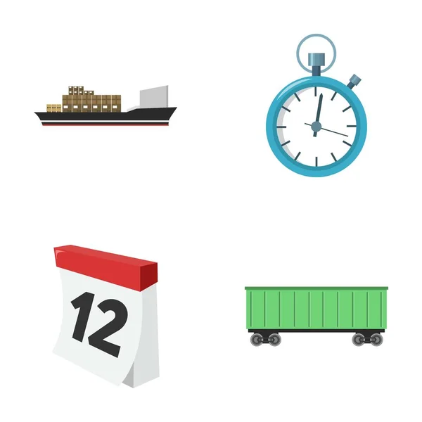 Vrachtschip, stopwatch, kalender, treinwagon. Logistieke, set collectie iconen in cartoon stijl vector symbool stock illustratie web. — Stockvector