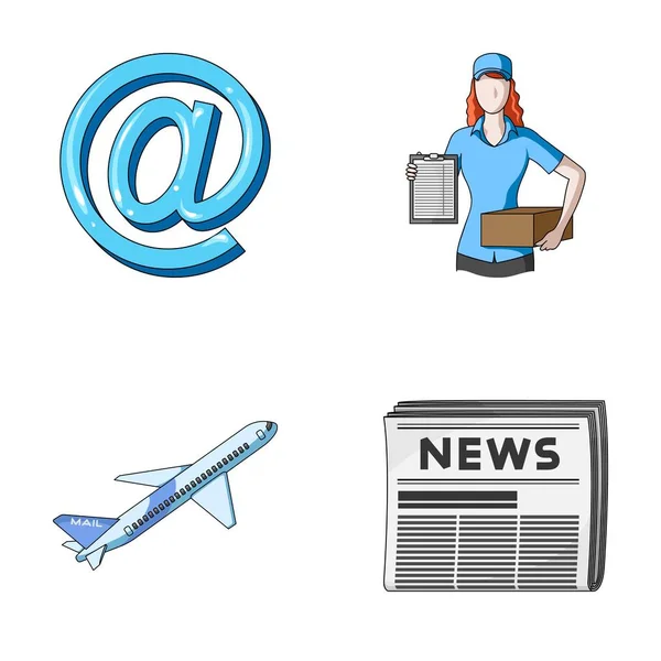 Correo electrónico símbolo, mensajero con paquete, avión postal, paquete de periódicos.Correo y cartero conjunto de iconos de la colección en el estilo de dibujos animados vector símbolo stock ilustración web . — Vector de stock