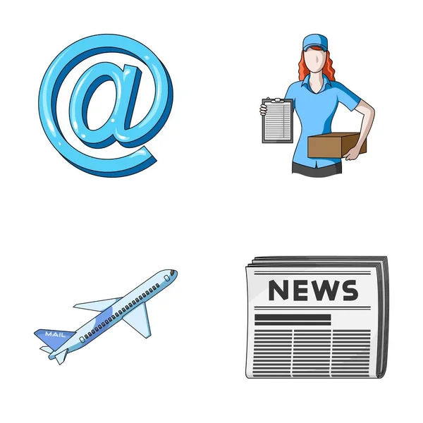 E-symbol, courier med skifte, post-flygplan, pack av tidningar. Mail och brevbäraren som samling ikoner i tecknad stil vektor symbol stock illustration web. — Stock vektor