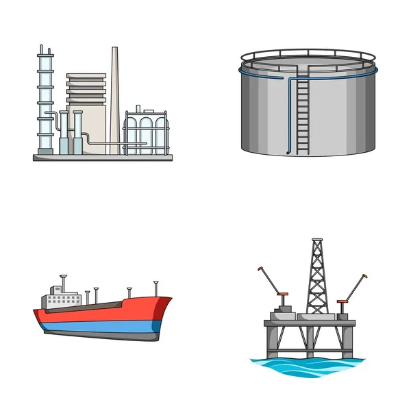 石油精製所、タンク、タンカー、タワー。オイルは、漫画スタイルのベクトル シンボル ストック イラスト web でコレクション アイコンを設定. — ストックベクタ