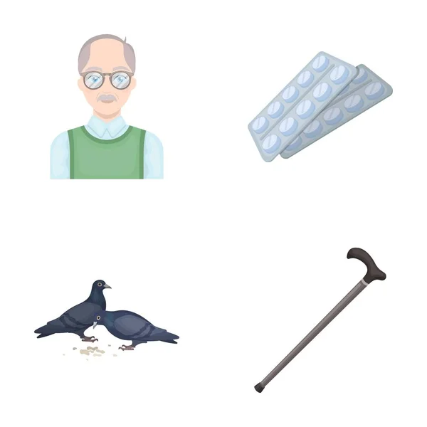 Hombres de edad avanzada, tabletas, palomas, bastón caminante.Iconos de colección conjunto de edad avanzada en el estilo de dibujos animados vector símbolo stock ilustración web . — Archivo Imágenes Vectoriales