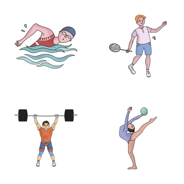 Zwemmen, badminton, Gewichtheffen, artistieke gymnastiek. Olympische sport instellen collectie iconen in cartoon stijl vector symbool stock illustratie web. — Stockvector