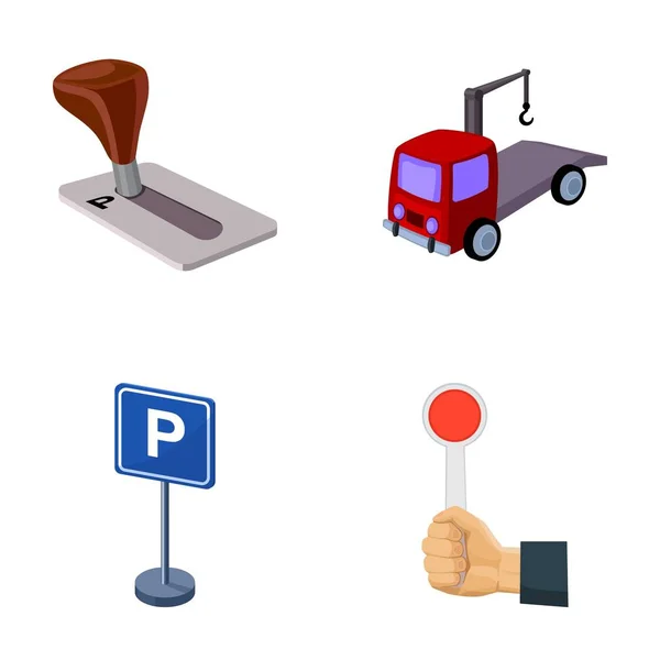 Transmission handle, tow truck, parking sign, stop signal. Parking zone set collection icons in cartoon style vector symbol stock illustration web. — Stock Vector