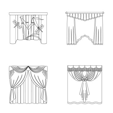 Nakış, tekstil, mobilya ve diğer web simgesi anahat tarzı. Perdeler, sopa, kornişler, küme koleksiyon simgeler.