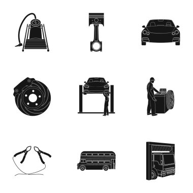Araba, Asansör, pompa ve diğer ekipmanlar set koleksiyonu tasarım için simgeler siyah. Araba bakım istasyonu vektör simge stok çizim web.