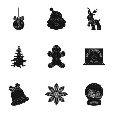 Set koleksiyonu tasarım için simgeler siyah Noel öznitelikleri ve aksesuarları. Neşeli Noel vektör simge stok web çizim.
