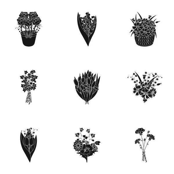 Ein Strauß frischer Blumen schwarze Symbole in Set-Kollektion für Design. verschiedene Sträuße Vektor Symbol Stock Web Illustration. — Stockvektor