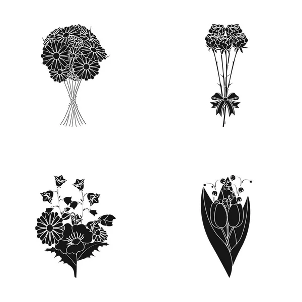 Taze çiçek bir buket siyah set koleksiyonu tasarım için simgeler. Çeşitli buketleri sembol stok web illüstrasyon vektör. — Stok Vektör