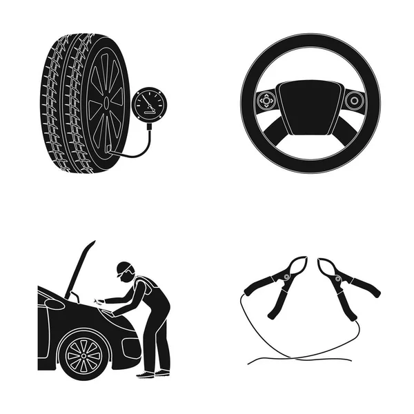 Motoreinstellung, Lenkrad, Klemme und Rad schwarze Symbole in Set Sammlung für design.Car Wartungsstation Vektor Symbol Stock Illustration Web. — Stockvektor