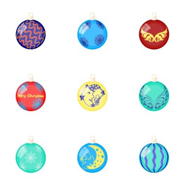 Set koleksiyonu tasarım için bir Noel ağacı karikatür simgeleri için oyuncaklar. Yeni yıl ballsvector sembol stok web çizimi.