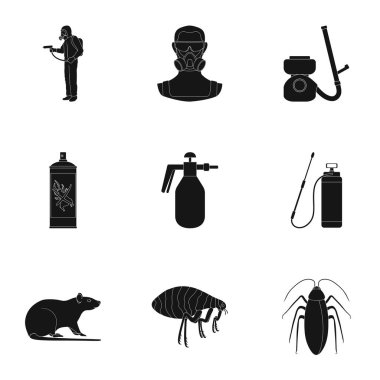 Haşere, zehir, personel ve set koleksiyonu tasarım için çeşitli ekipman siyah simgeler. Haşere kontrol Servisi vektör sembol stok web çizim.