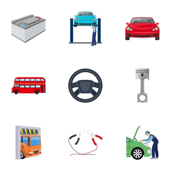 Coche, ascensor, bomba y otros iconos de dibujos animados de equipos en la colección de conjuntos para el diseño. Estación de mantenimiento del coche vector símbolo stock ilustración web . — Vector de stock