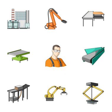 Fabrika ekipmanları ve makineleri ve diğer web simgesi karikatür tarzı. Yeni üretim teknolojileri simgeler kümesi koleksiyonu.