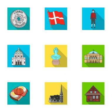 Ulusal, sembol, taç ve diğer kutsal kişilerin resmi içinde düz stil web. Danimarka, turizm, Restoran simgeler kümesi koleksiyonu.