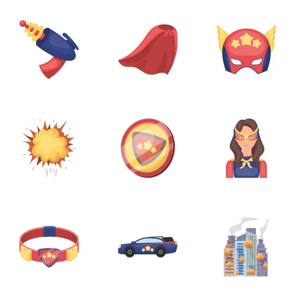 Süpermen, patlama, yangın ve diğer web simgesi karikatür tarzı. Tabanca, silah, yenilikler, küme koleksiyon simgeler. — Stok Vektör