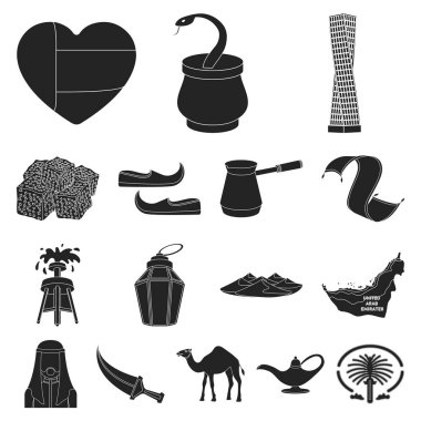 Ülke Birleşik Arap Emirlikleri siyah set koleksiyonu tasarım için simgeler. Turizm ve cazibe simge stok web illüstrasyon vektör.