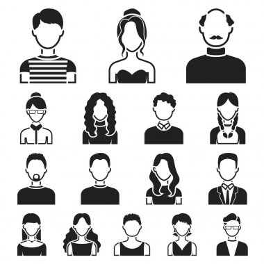 Set koleksiyonu tasarım için simgeler siyah avatar ve yüz. Bir kişi görünümü vektör simge stok web çizim.