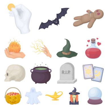 çizgi film ve white magic set koleksiyonu tasarım için simgeleri karikatür. Sembol stok web illüstrasyon vektör öznitelikleri ve büyücü aksesuarları.