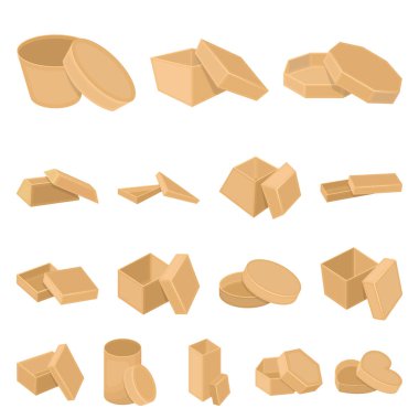 Farklı kutular set koleksiyonu tasarım için simgeleri karikatür. Ambalaj kutusu vektör simge stok web çizim.