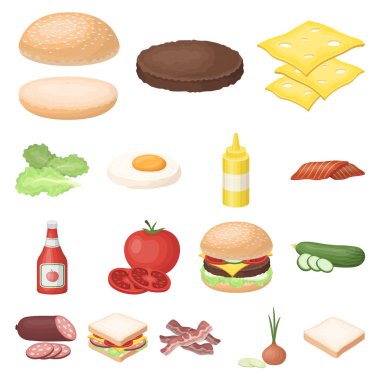 Burger ve malzemeler set koleksiyonu tasarım için simgeleri karikatür. Vektör simge stok web illüstrasyon pişirme Burger.