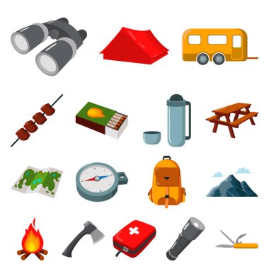Set koleksiyonu tasarım için kamp karikatür Icons bekletin. Kamp ve ekipman sembol stok web illüstrasyon vektör.