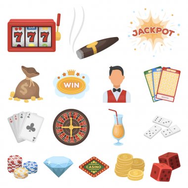 Casino ve kumar karikatür simgeleri set koleksiyonu tasarım için. Casino ve ekipman sembol stok web illüstrasyon vektör.