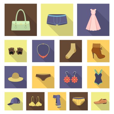 Giysi ve aksesuarları set koleksiyonu tasarım için simgeleri düz. Ayakkabı ve dekorasyon sembol stok web illüstrasyon vektör.
