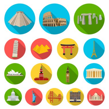 Farklı ülkelerin sights set koleksiyonu tasarım için simgeleri düz. Ünlü bina sembol stok web illüstrasyon vektör.