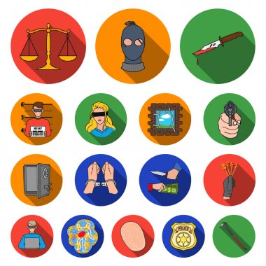 Suç ve ceza düz simgeler set koleksiyonu tasarım için. Suç vektör simge stok web çizim.