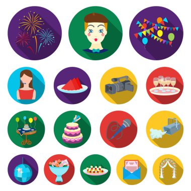 Olay organizasyon set koleksiyonu tasarım için düz simgeler. Kutlama ve öznitelikleri sembol stok web illüstrasyon vektör.