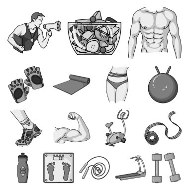 Fitness ve öznitelikler tek renkli simgeler set koleksiyonu tasarım için. Fitness Ekipmanları vektör simge stok web çizim.