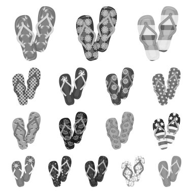 Parmak arası terlik set koleksiyonu tasarım için tek renkli simgeler. Beach ayakkabı sembol stok web illüstrasyon vektör.