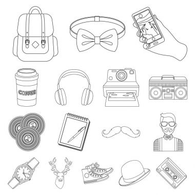 Set koleksiyonu tasarım için stil yenilikçi anahat simgeleri. Sembol stok web illüstrasyon vektör hipster öznitelikleri ve aksesuarları.