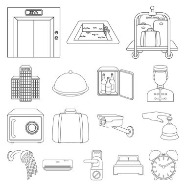 Set koleksiyonu tasarım için otel ve ekipman anahat simgeleri. Otel ve konfor sembol stok web illüstrasyon vektör.