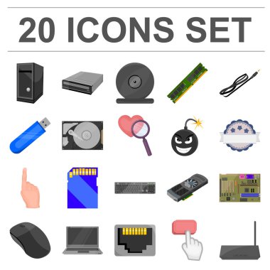 Kişisel bilgisayar çizgi film set koleksiyonu tasarım için simgeler. Ekipman ve aksesuarları sembol stok web illüstrasyon vektör.