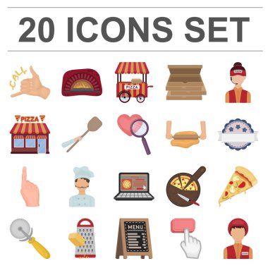 Set koleksiyonu tasarım için pizza ve pizza karikatür simgeler. Personel ve ekipman sembol stok web illüstrasyon vektör.