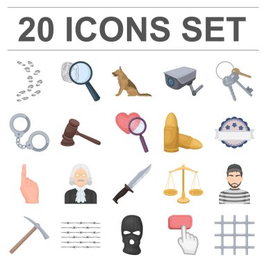 Hapishane ve set koleksiyonu tasarım için criminalcartoon simgeler. Hapishane ve öznitelikleri sembol stok web illüstrasyon vektör.