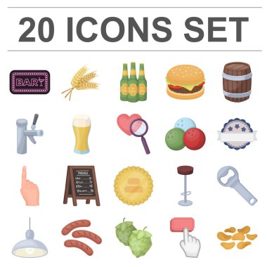 Set koleksiyonu tasarım için pub, iç ve ekipman karikatür simgeler. Alkol ve yiyecek sembol stok web illüstrasyon vektör.