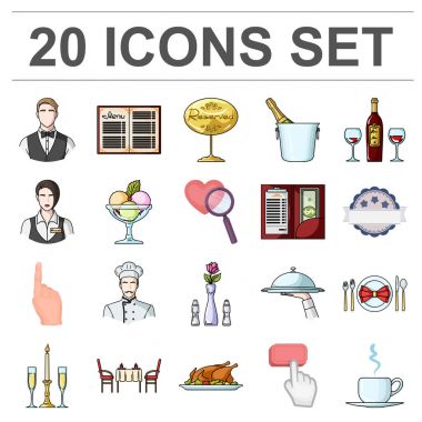 Set koleksiyonu tasarım için restoran ve bar karikatür simgeler. Sembol stok web illüstrasyon vektör zevk, yemek ve alkol.