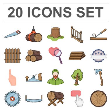 Kereste ve ahşap karikatür simgeleri set koleksiyonu tasarım için. Donanım ve araçlar sembol stok web illüstrasyon vektör.