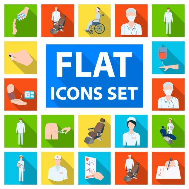 İlaç ve tedavi düz simgeler set koleksiyonu tasarım için. Hastane ve ekipman sembol stok web illüstrasyon vektör.