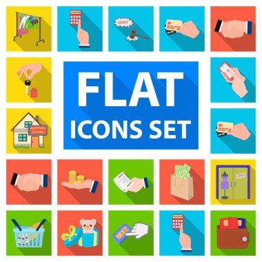 E-ticaret ve iş düz simgeler set koleksiyonu tasarım için. Alış ve satış vektör simge stok web çizimi.