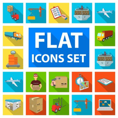 Lojistik ve teslim düz simgeler set koleksiyonu tasarım için. Taşıtlar ve donatımı izometrik vektör simge stok web çizim.