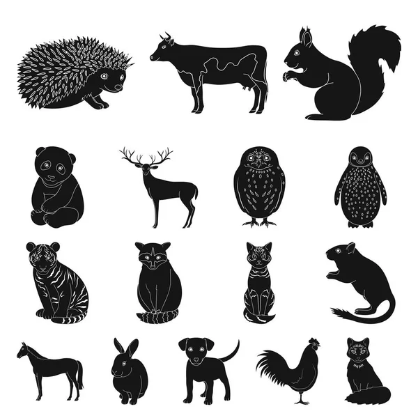 Animais realistas ícones pretos na coleção de conjuntos para design. Animais selvagens e domésticos símbolo vetorial ilustração web . —  Vetores de Stock