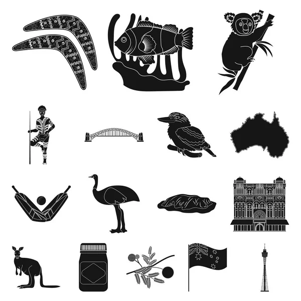 Χώρα Αυστραλία μαύρο εικονίδια στη συλλογή σετ για σχεδιασμό. Ταξίδια και Αξιοθέατα σύμβολο μετοχής web εικονογράφηση διάνυσμα. — Διανυσματικό Αρχείο