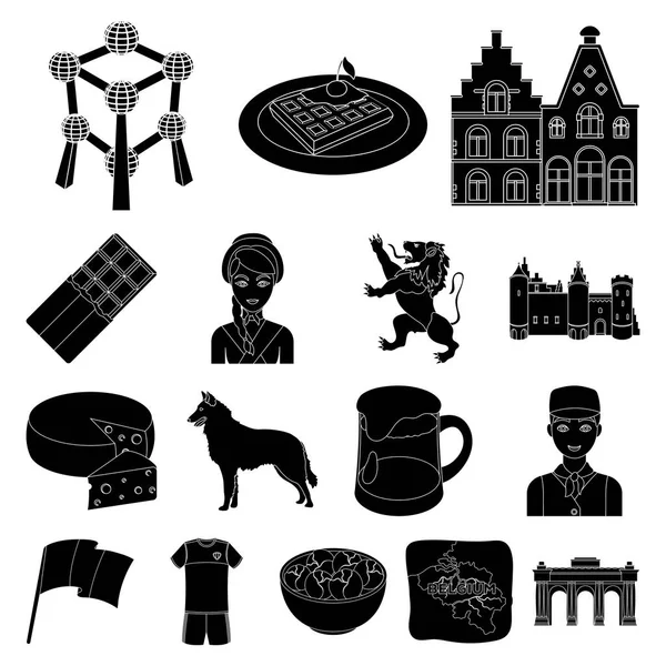 国ベルギー黒アイコン デザインのセットのコレクションです。旅行と観光ベルギー ベクトル シンボル ストック web イラスト. — ストックベクタ