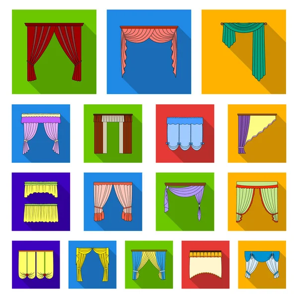 Verschiedene Arten von Vorhängen flache Symbole in Set-Kollektion für Design. Vorhänge und Lambrequins Vektor Symbol Stock Web Illustration. — Stockvektor