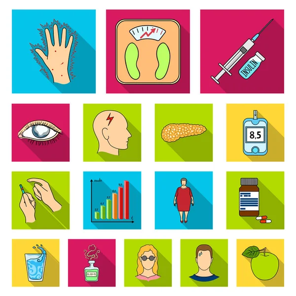 Diabetes platt ikoner i set samling för design. Behandling av diabetes vektor symbol lager web illustration. — Stock vektor